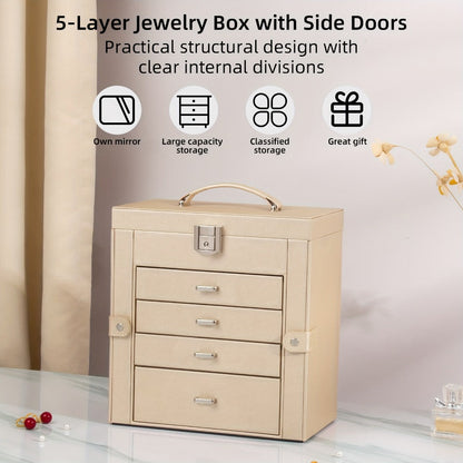 Jewelry Box, Five-Tier PU-Leather Organizer with Built-In Mirror, Key Lock and Three Color Options