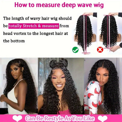 Lace Front Wig Deep Wave Human Hair, 28- or 34-Inch Natural Black with 13x4 HD Front and 250% Density