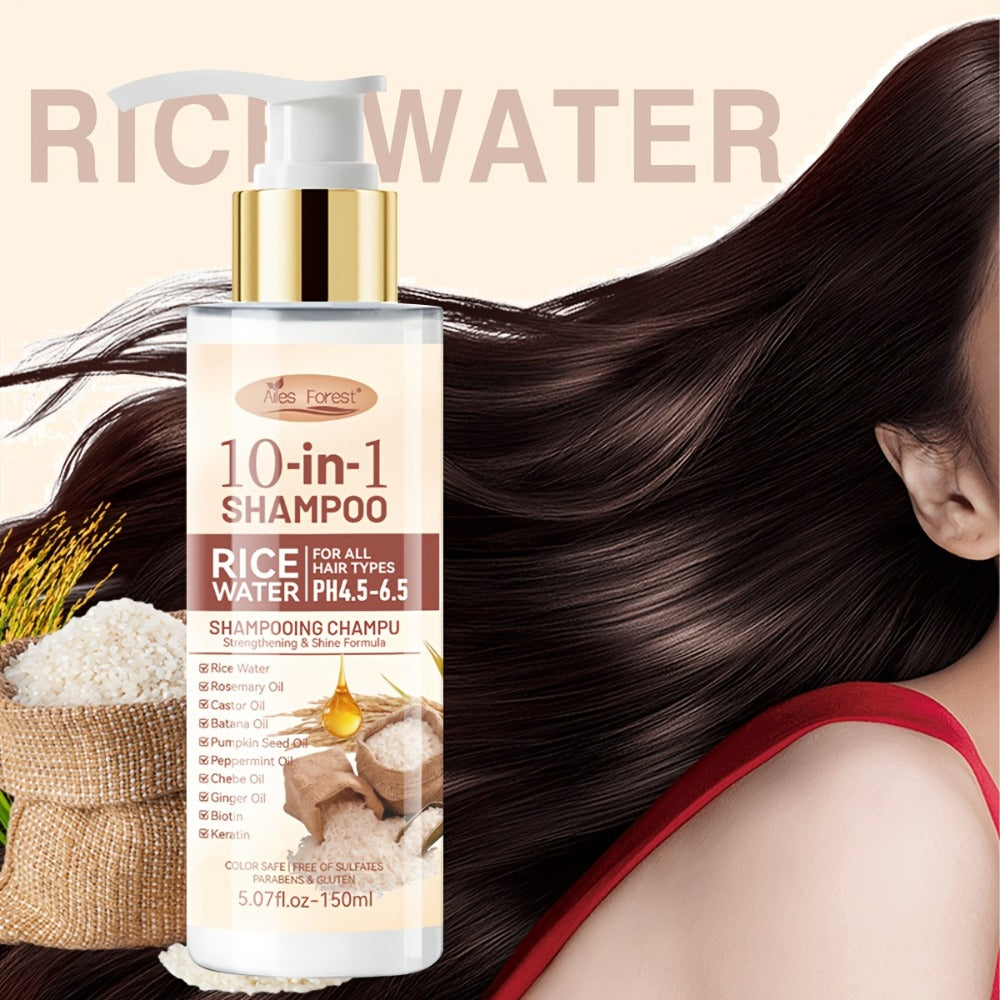 Rice Water 10-in-1-Labeled Shampoo and Conditioner Duo in 150mL Pump Bottles with White-and-Gold Packaging