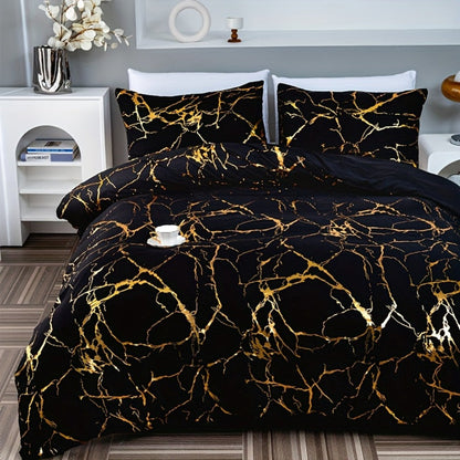 3-Piece Duvet Cover Set with Bronzed-Look Marble Vein Print in White, Khaki or Black and Four Sizes