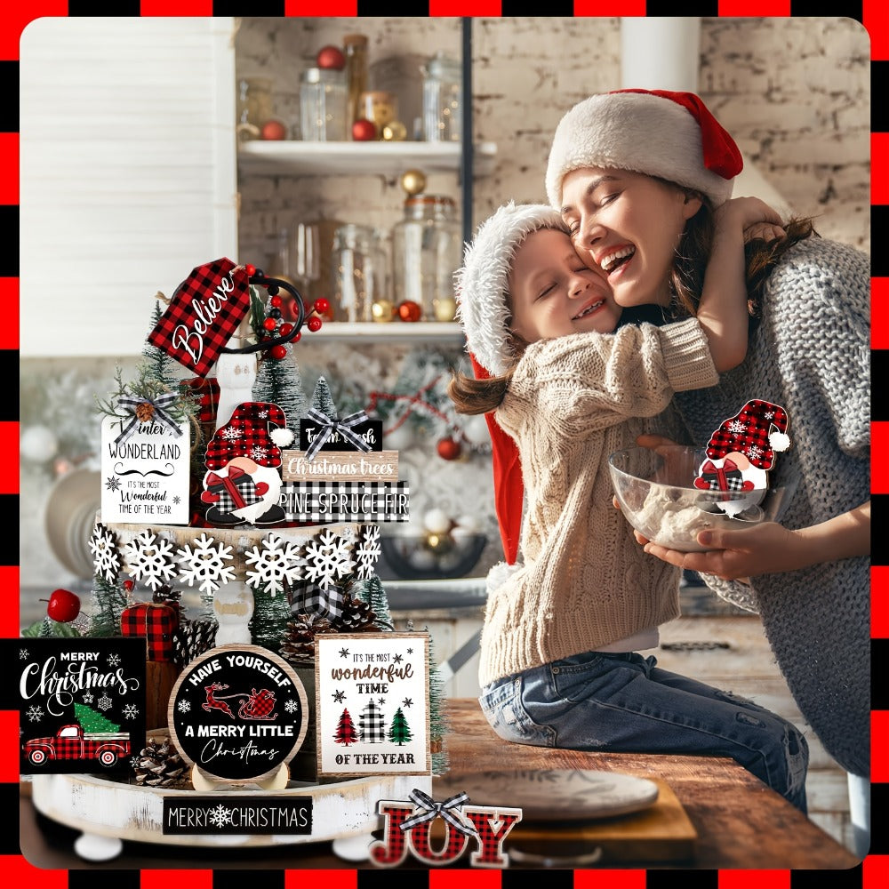 Tiered Tray Decor Set 15/20pcs Winter Christmas Farmhouse Wooden Signs - Buffalo Check for Entryways, Bedrooms and Living Spaces
