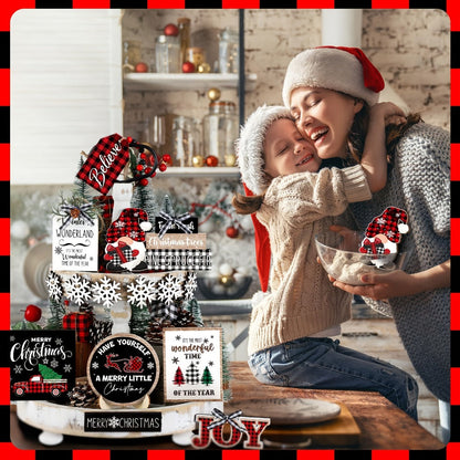 Tiered Tray Decor Set 15/20pcs Winter Christmas Farmhouse Wooden Signs - Buffalo Check for Entryways, Bedrooms and Living Spaces