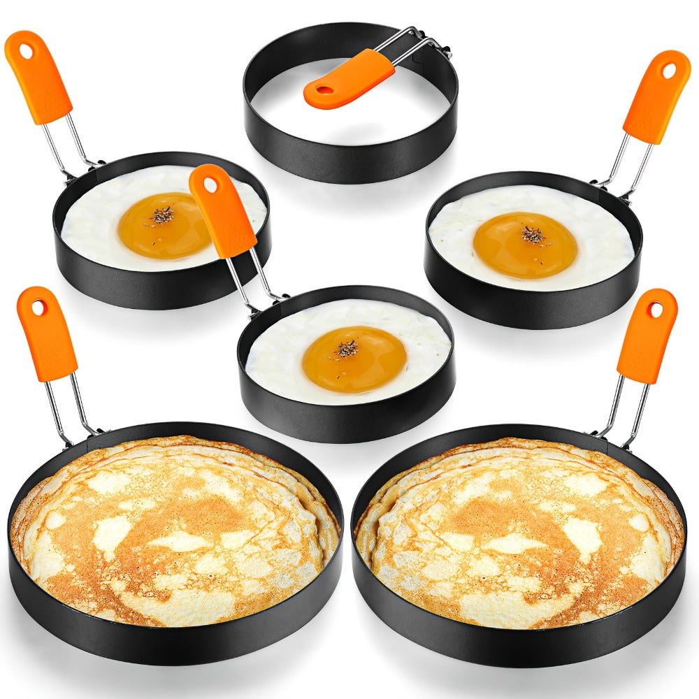 Egg Ring Set 6pcs Nonstick Stainless Steel Pancake Mold 4 Inch and 6 Inch Silicone Handle for Entryways, Bedrooms and Living Spaces