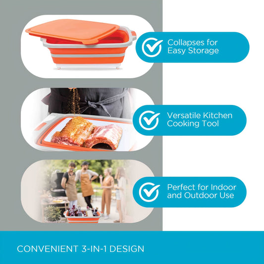 Collapsible BBQ Prep Caddy with Cutting Board & Lid – 3-in-1 Foldable Grill Preparation Tub, Food-Safe Plastic