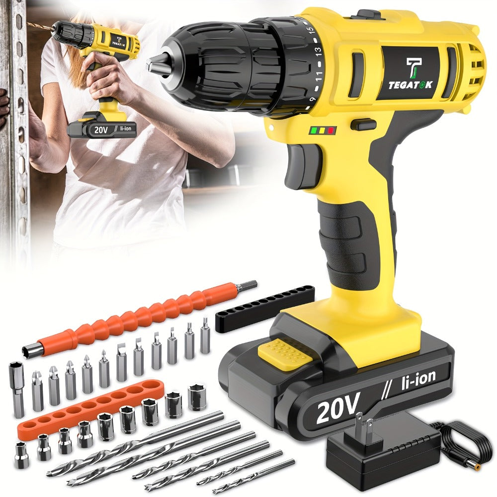 20V Cordless Drill Set Impact Power Drill 3/8 Inch Keyless Chuck 18+3 Clutch 45Nm Max Torque for Entryways, Bedrooms and Living Spaces