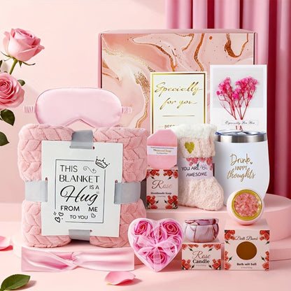 Luxury Spa Gift Set for Women 10-Piece Rose Scented Candles Bath Salt Balls Dried Flowers Eye Mask Soap Blanket Socks Hair Ribbon Gift Card