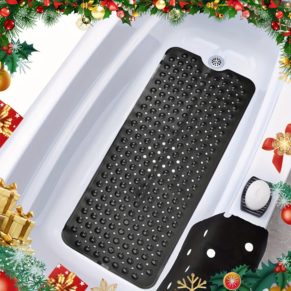 Black Suction-Cup Shower Bath Mat, 100 x 40cm with Drain Holes and Raised Circular Texture