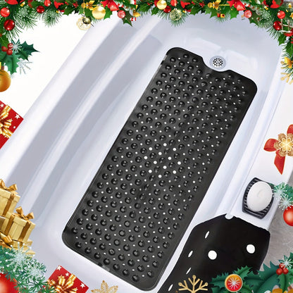 Black Suction-Cup Shower Bath Mat, 100 x 40cm with Drain Holes and Raised Circular Texture