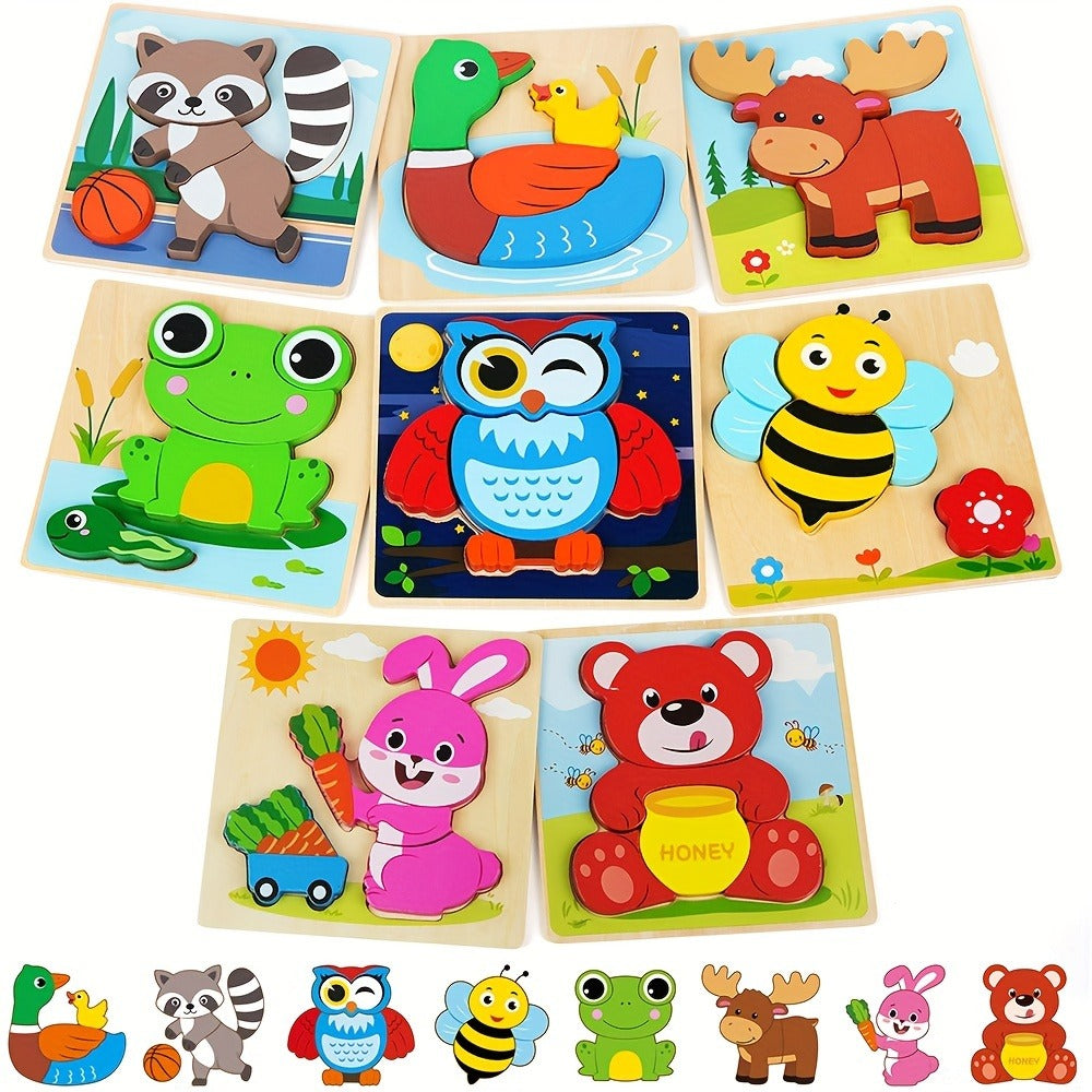 Baby Animal Wooden Puzzles for Toddlers 8 Pack, Infant Learning Toy 12 Months+, Bear Bunny Owl Frog Bee Duck Moose Raccoon