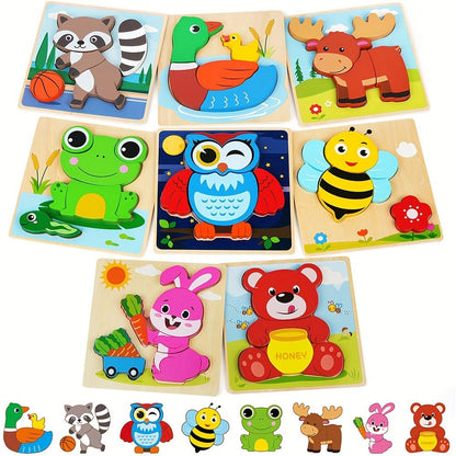 Baby Animal Wooden Puzzles for Toddlers 8 Pack, Infant Learning Toy 12 Months+, Bear Bunny Owl Frog Bee Duck Moose Raccoon