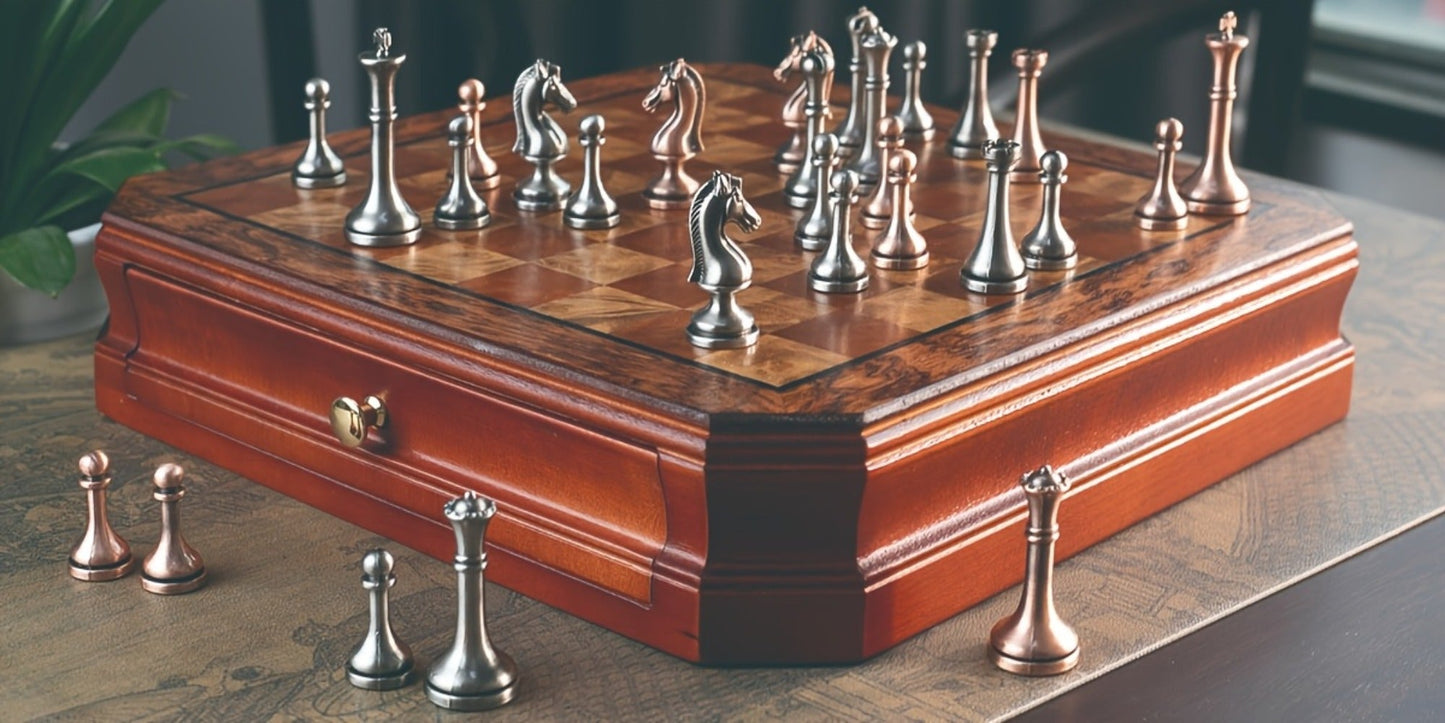 Wooden Chess Set with Metal Pieces & Storage Drawers 12 Inch – 2.5" Kings 2 Extra Queens Vintage Mahogany Board for Adults Beginners