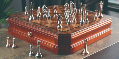 Wooden Chess Set with Metal Pieces & Storage Drawers 12 Inch – 2.5" Kings 2 Extra Queens Vintage Mahogany Board for Adults Beginners