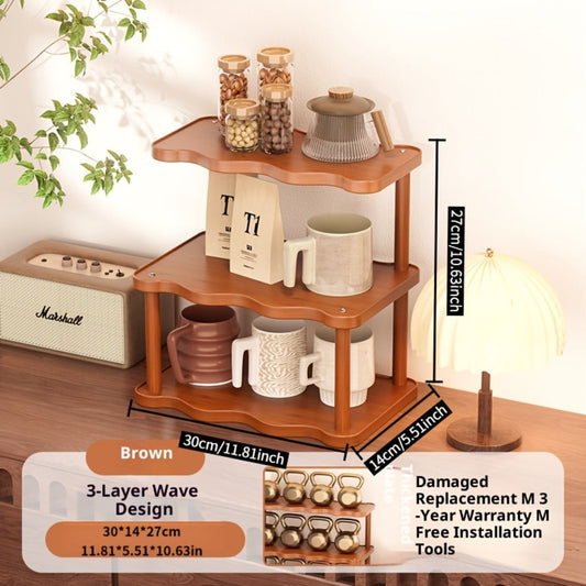 Cup Display Rack Kitchen Organizer 2 or 3 Tier Wave-Style Ladder Shelf in Six Brown Variant Options