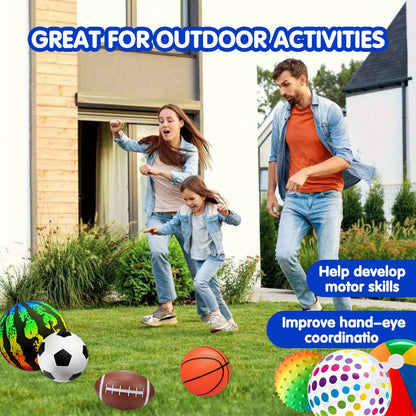 Kids Playground Ball Set 7-Pack with Air Pump, 10.6 Inch Outdoor Ball Plus 6-Inch Basketball Football Rugby