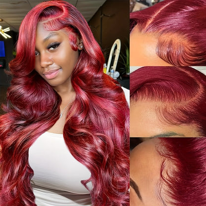 13x4 HD Lace Front Body Wave Synthetic Wig 250% Density Glueless Natural Black Crimson, for Home, Travel and Salon Hair Styling