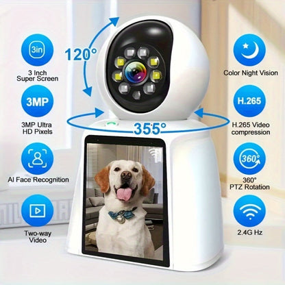 Security Camera 1080P Pet Monitor with 3-Inch Screen, Video Calling, Two-Way Talk and 1 or 2 Pack