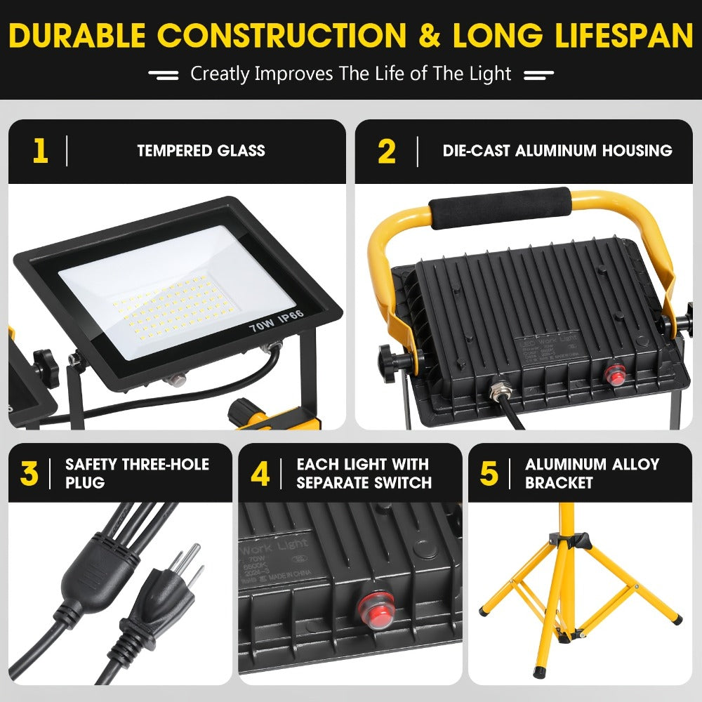 Three-Head Yellow LED Tripod Work Light with Detachable Lamps, Adjustable Stand and 16.5-Foot Cord