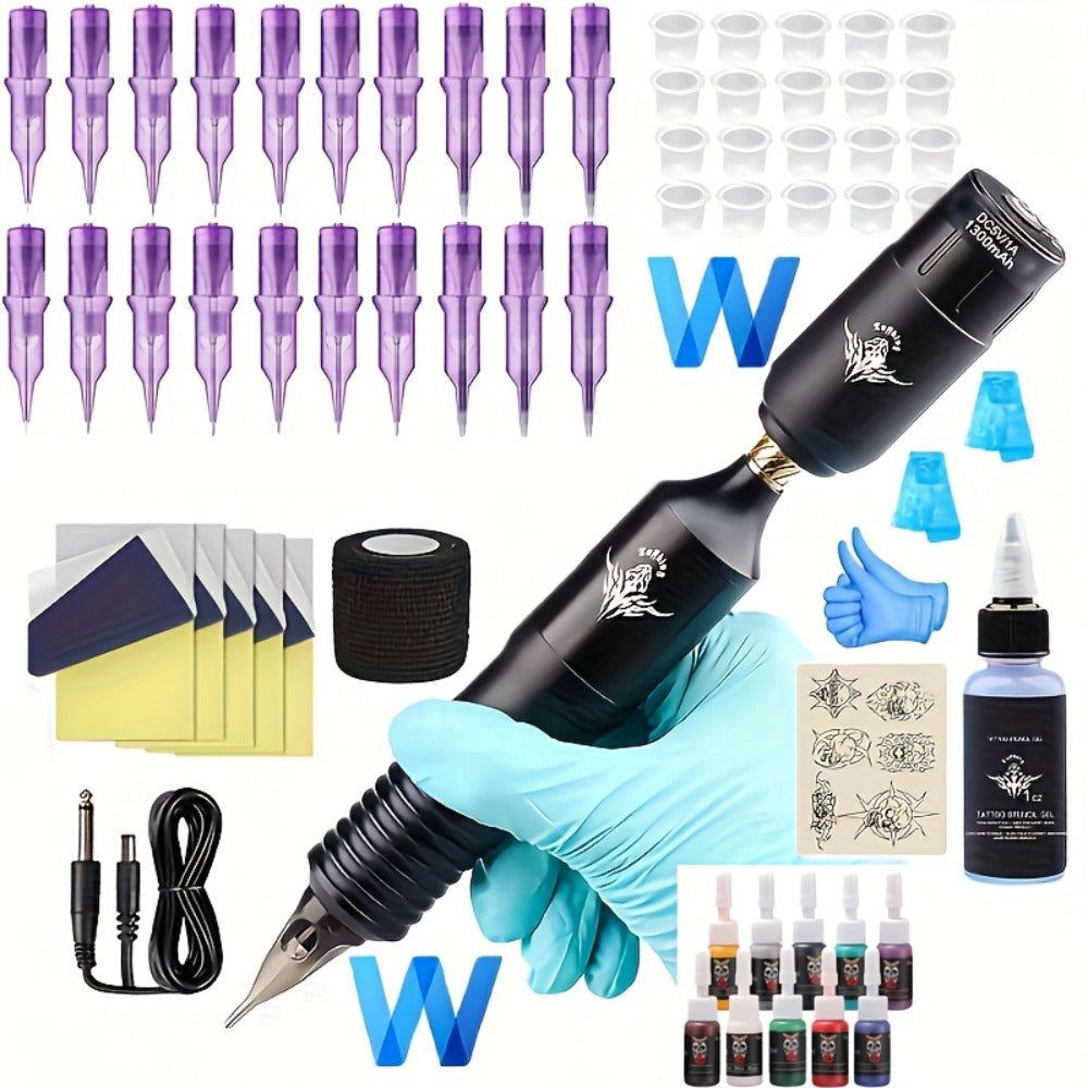 Rotary Tattoo Machine Kit 67pcs, Complete Wireless Tattoo Pen Set with Cartridge Needles, Power Supply
