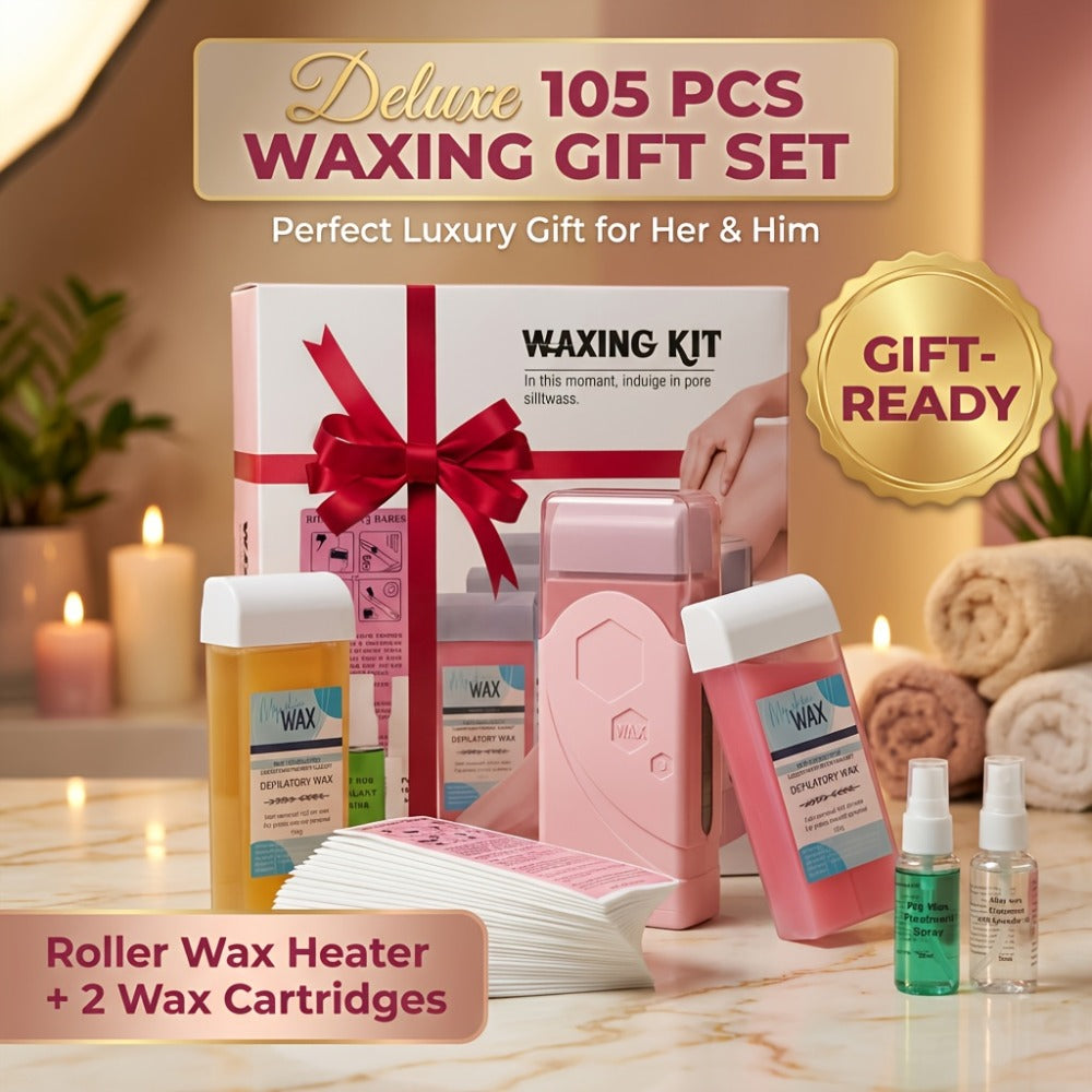 Roll On Wax Kit 105 Piece Complete Home Waxing Set – 2 Roll On Wax Rollers, Wax Warmer, 100 Waxing Strips, Lavender Oil & Pre-Post Spray