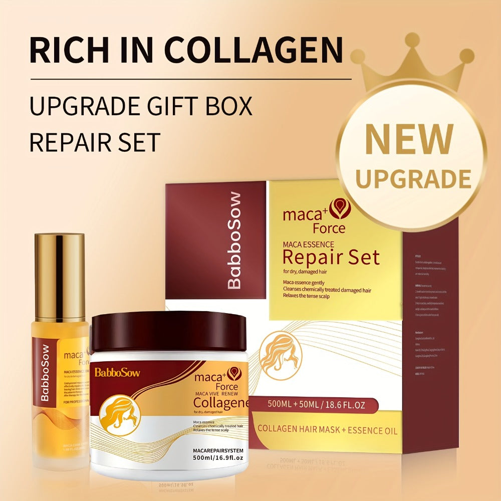 500ml Collagen Hair Mask and Maca Essence Oil Two-Piece Boxed Hair Care Set with Separate Bottles