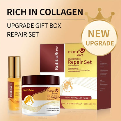 500ml Collagen Hair Mask and Maca Essence Oil Two-Piece Boxed Hair Care Set with Separate Bottles