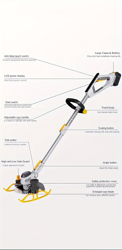 Electric Lawn Mower Cordless 110-240V Lithium-Ion Battery 4A Power with LCD Display Adjustable Cutting for Garden, Patio and Yard Use