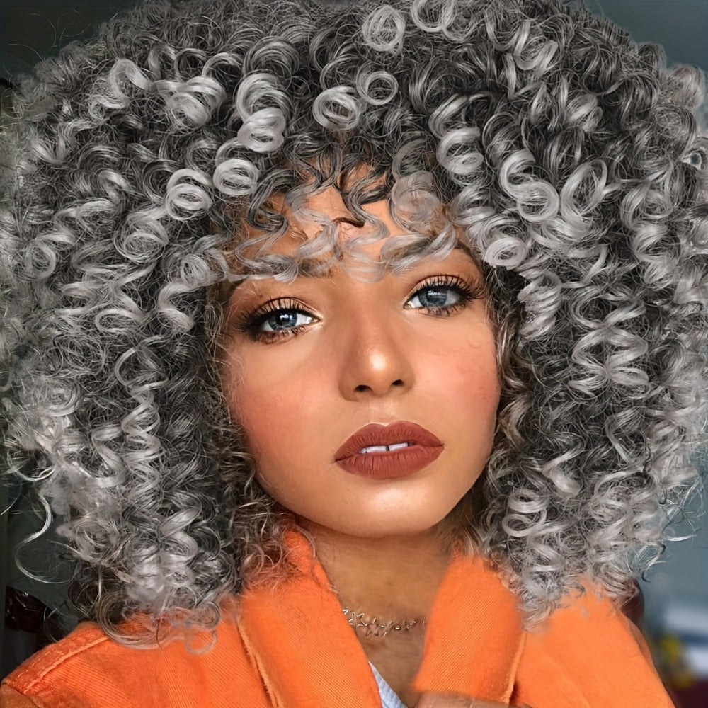 Synthetic Wig 14-Inch Kinky Curly Afro with Bangs, 180% Density and Stretch Net Cap for Daily Style