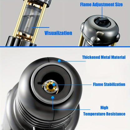 Butane Torch Lighter Windproof Jet Flame Zinc Alloy Refillable, Visible Fuel Tank, Adjustable Blue Flame