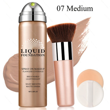 Full Coverage Liquid Foundation Airspray Kit Buildable Formula 6 Shades – Natural Beige Nude Porcelain Tan Medium Natural Satin Finish