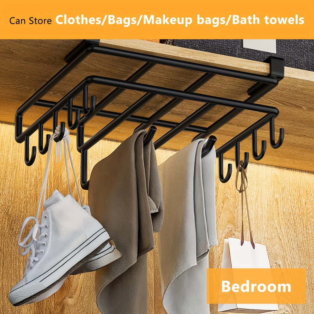 Under Cabinet Organizer Rack with Hooks, Carbon Steel Kitchen Shelf for Utensils, Towels, Cups & Cutting Boards