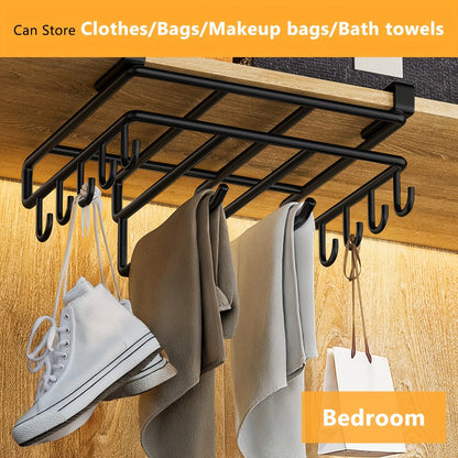 Under Cabinet Organizer Rack with Hooks, Carbon Steel Kitchen Shelf for Utensils, Towels, Cups & Cutting Boards