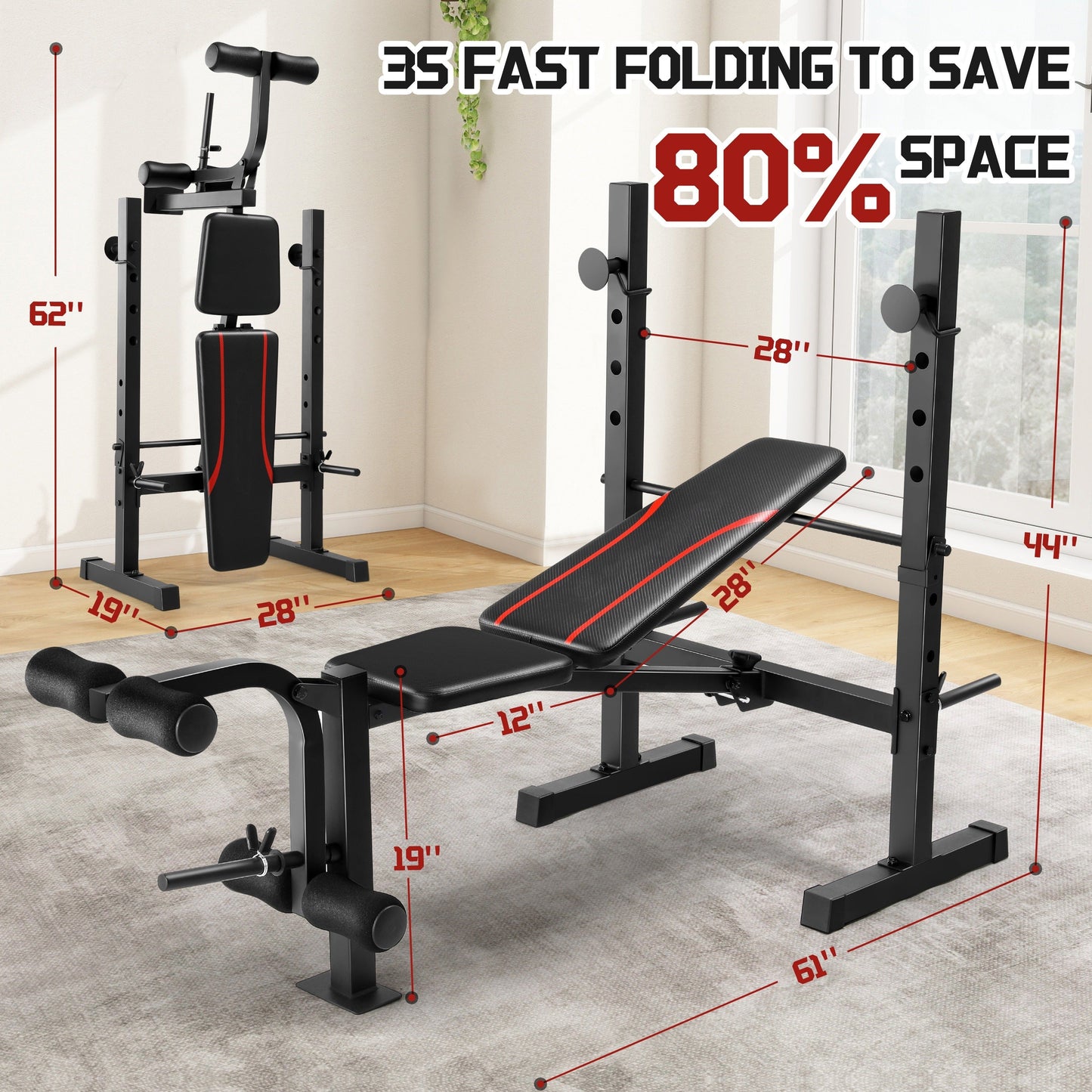 Adjustable Weight Bench Set – Foldable Home Gym Workout Bench with Squat Rack, Leg Developer & Preacher Curl Pad | 3-Second Fast Fold