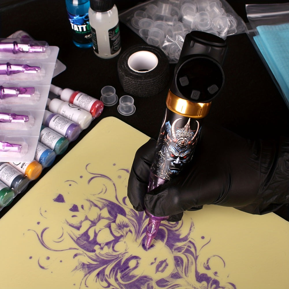 Tattoo Machine Kit INKSOUL TM-78 Wireless Rotary Pen with Carry Case, 10 Cartridges, Ink Cups and Transfer Paper