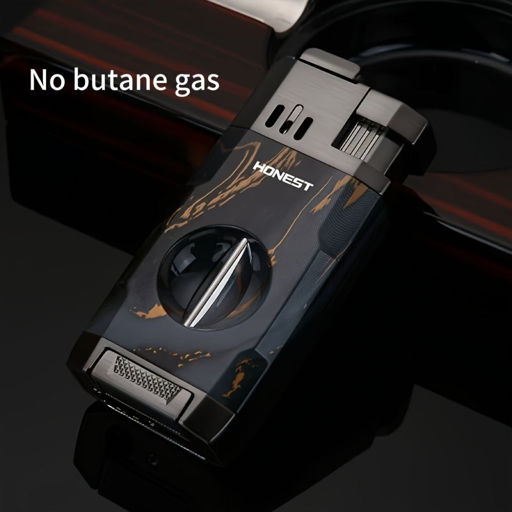 Cigar Torch Lighter with V-Shaped Cigar Cutter Built-in Clip Dual Windproof Jet Flame Visible for Entryways, Bedrooms and Living Spaces