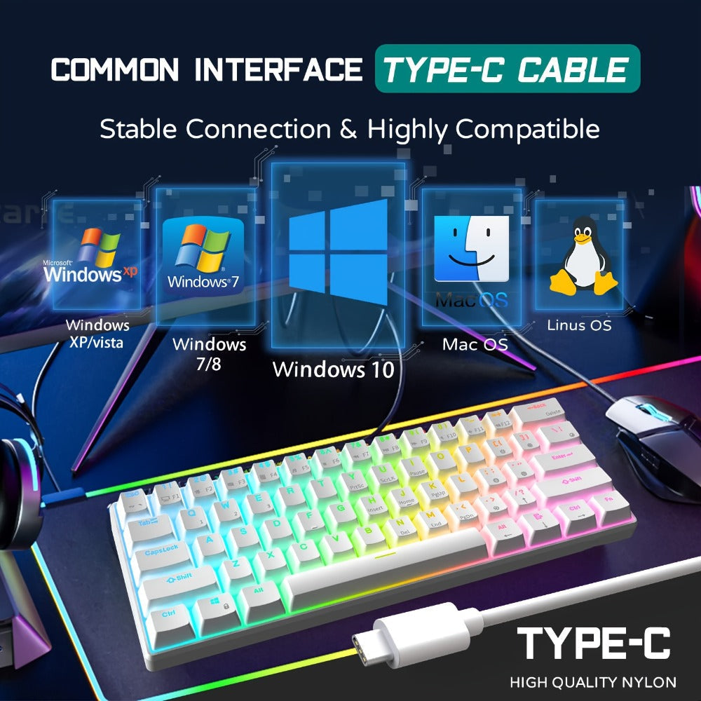 Mechanical Keyboard 61-Key Compact Wired Layout with Blue Switches, RGB Backlighting and Four Color Options