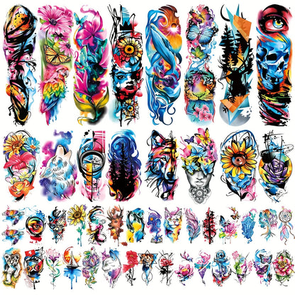 Temporary Tattoos, 46-Sheet Colorful Floral, Geometric, Portrait and Ink-Painting Style Body Art Set