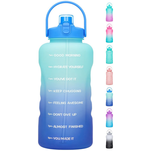 128oz Water Bottle Jug with Time Markers, Handled Flip-Top Straw Lid and Seven Color Treatments