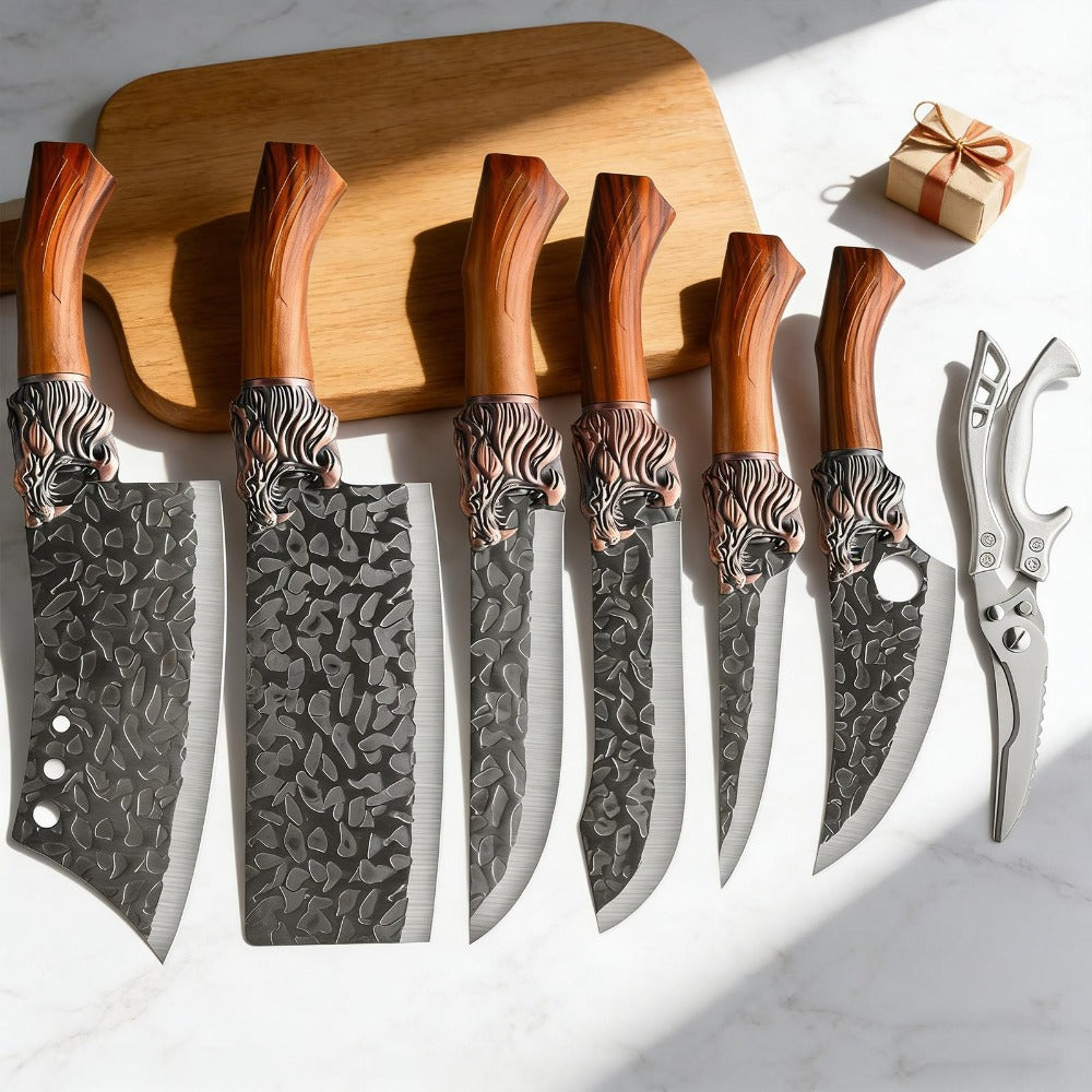 Kitchen Knife Set 4- or 7-Piece Forged Stainless Steel with Boning, Slicing, Butcher Knives, Shears and Rack Options