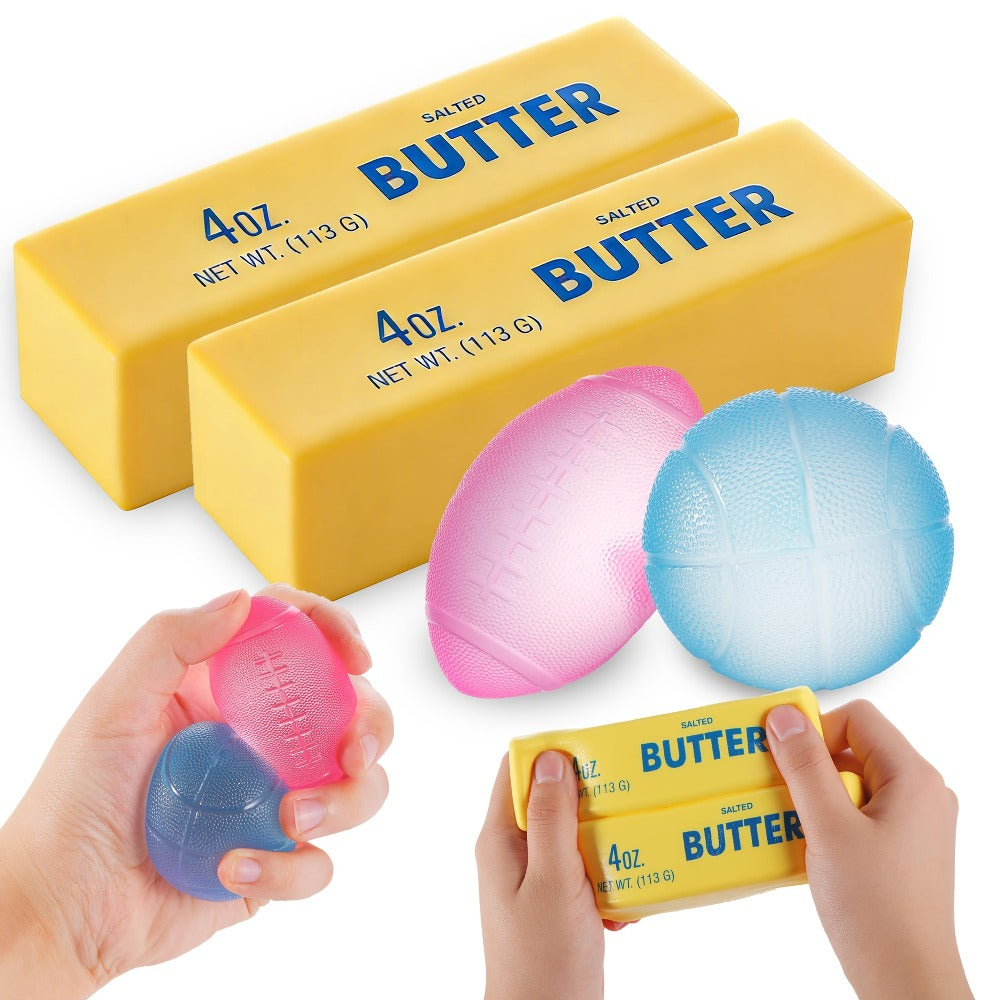 Four-Piece Slow-Rise Foam Squishy Set with Two Butter Bars, One Basketball and One Football