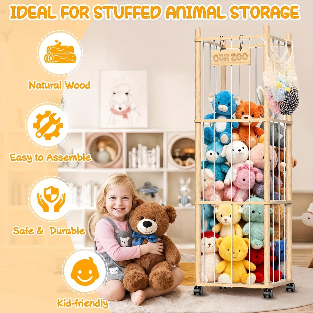Stuffed Animal Storage Organizer with Pine Wood Frame, Wheels and 2 or 3 Tiers for Nursery or Playroom