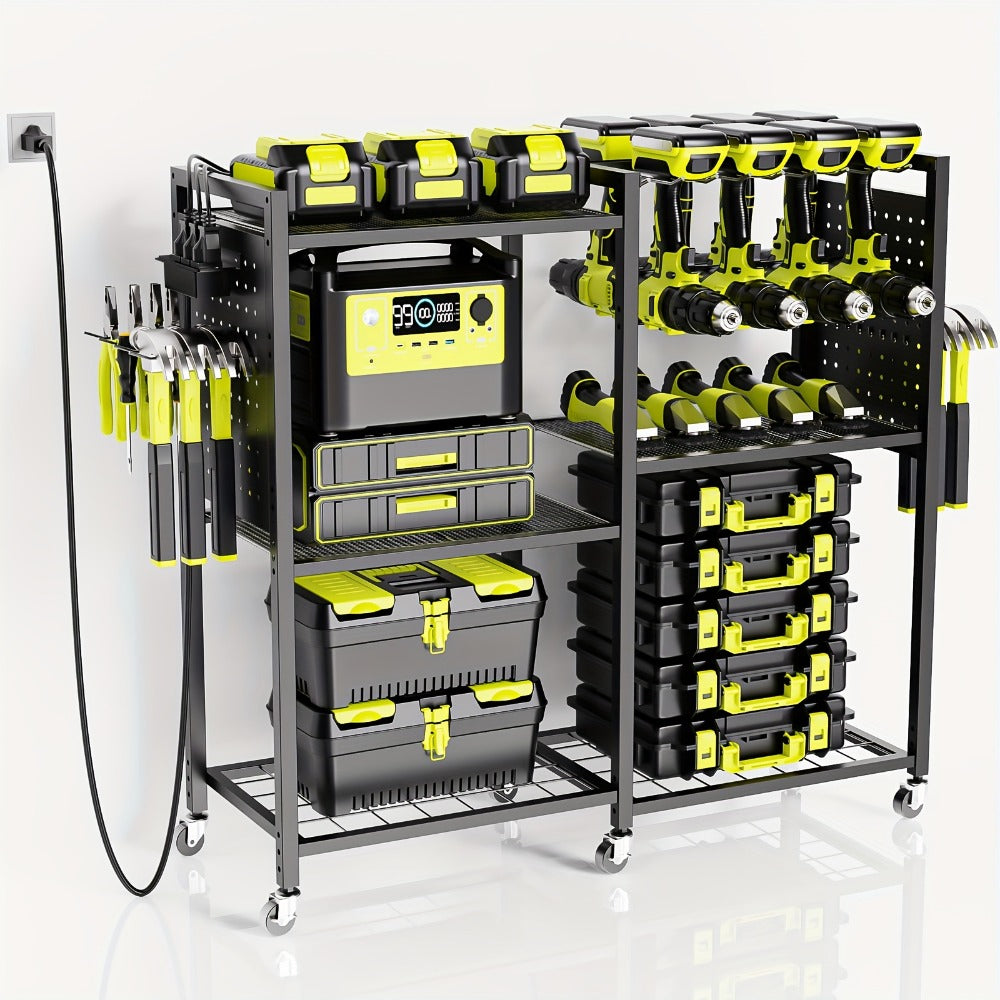 Mobile Tool Cart with Charging Station, 12 Drill Holders & 5 Storage Shelves Power Tool Organizer