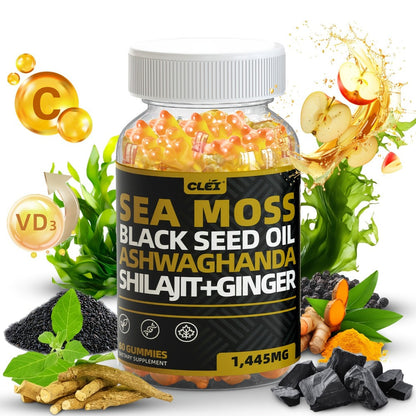 Immune Support Gummies with Sea Moss 1445mg, 10-in-1 Superfood Blend with Black Seed Oil, Ashwagandha