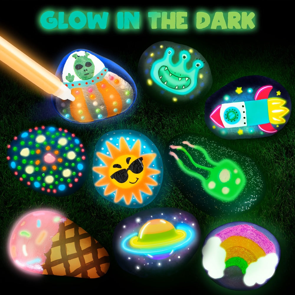 Glow Rock Painting Craft Kit with 10 Rocks, Paints, Brushes, Gems and Stickers in One- or Two-Pack Options