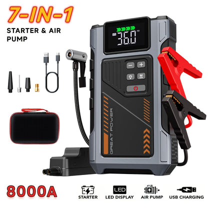 8000A Jump Starter with Air Compressor – 12V Portable Jump Box for Gas & Diesel Cars, USB Ports & LED Flashlight | Up to 8.0L Gas & 6.5L