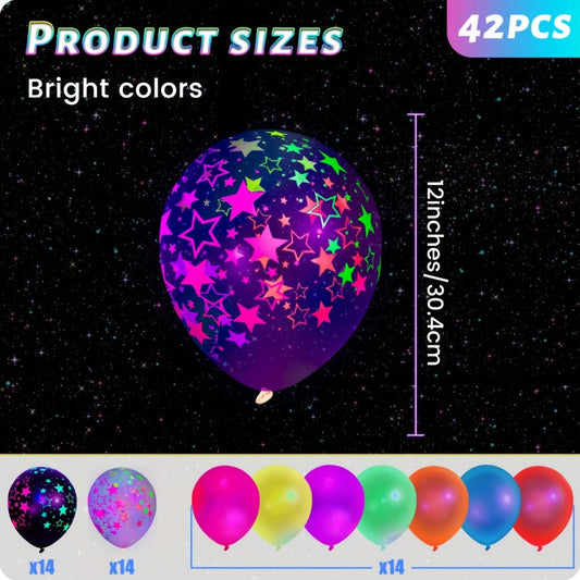 UV Neon Balloon Party Supplies Set with 42 12-Inch Star-Print Balloons for Blacklight Decor