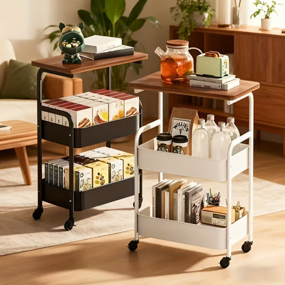 Storage Trolley with Wheels 3-Tier Wooden Tabletop Rolling Cart – Reinforced Black Metal Frame, Locking Casters