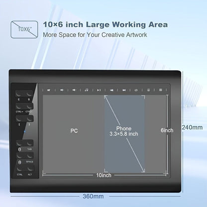 Graphics Drawing Tablet 10x6 Inch, 8192 Levels Pressure Sensitivity Battery-Free Stylus, 12 Programmable Shortcut Keys