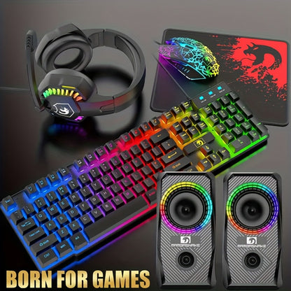 Complete 5-in-1 Gaming Setup Bundle RGB, 104 Keys Wired Keyboard, 2400 DPI Optical Mouse, Gaming Headphone