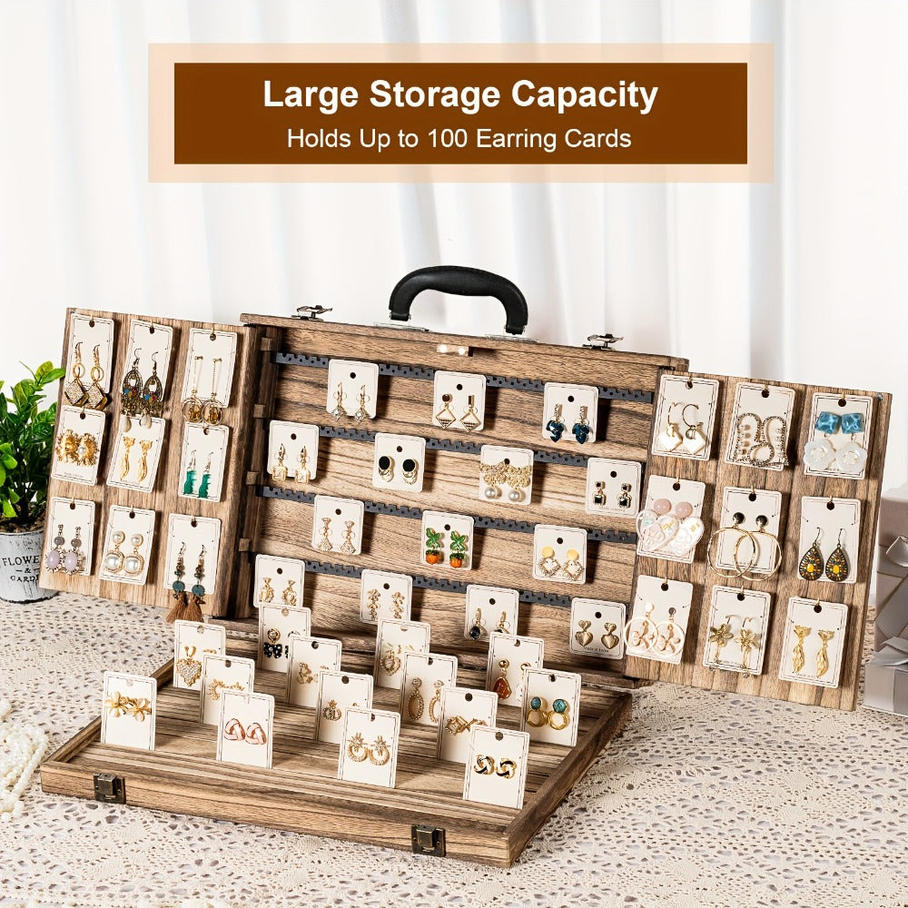 Wooden Jewelry Display Case with Lock & Buckle Closure – Vintage Tabletop Organizer Box for Earrings, Bracelets & Necklaces