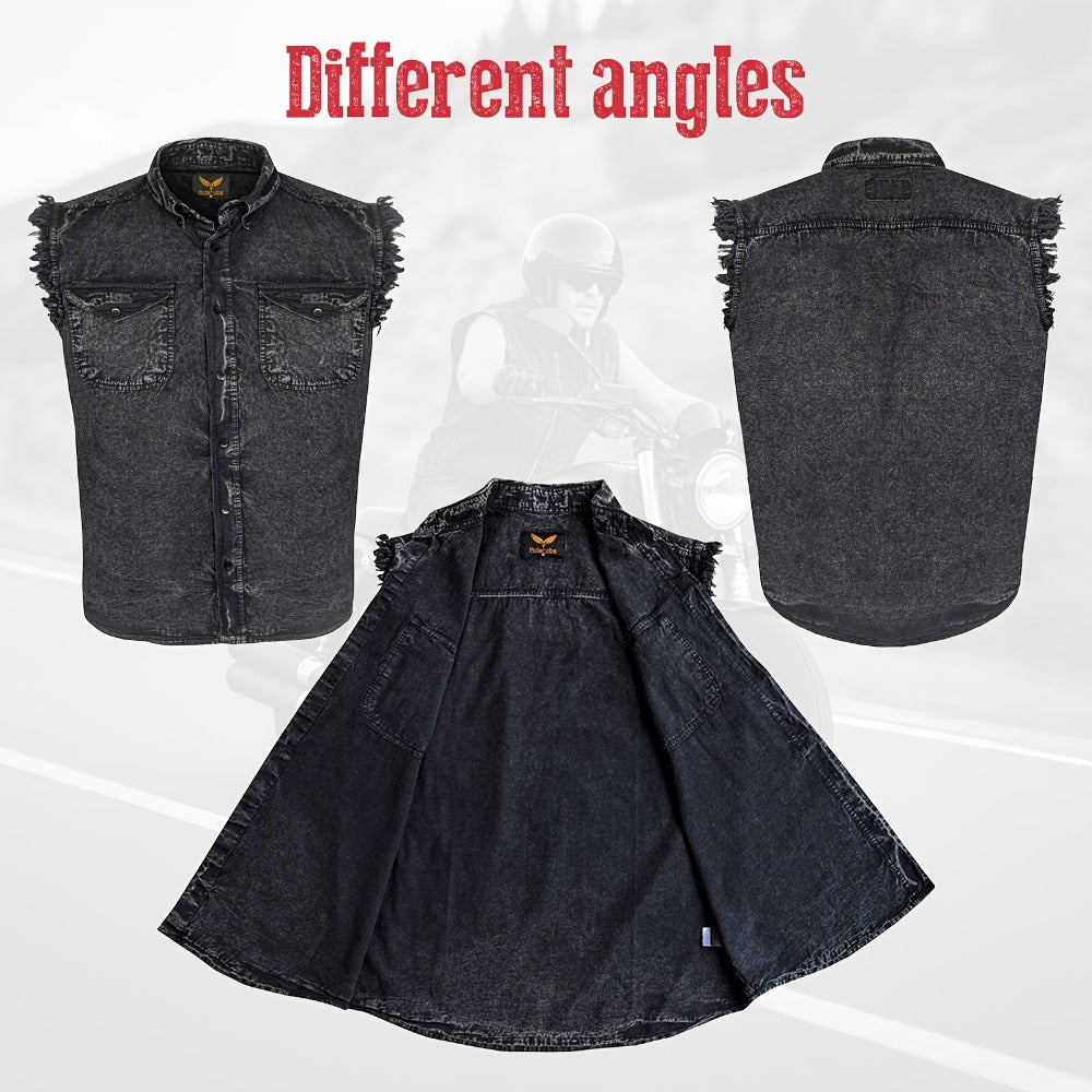 Men's Sleeveless Shirt – Fringe Hem Crew Neck Tank Top, Stonewash Cotton, Regular Fit for Streetwear, Beach & Vacation, Sizes M–XXXXL